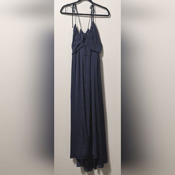 Lulu's Confidence Check Navy Blue Satin Tie-Back Maxi Dress - Picture 1 of 6